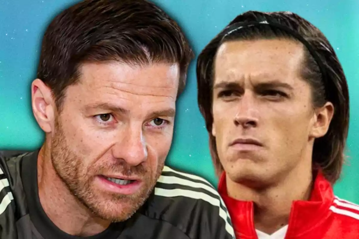 Dos homes apareixen en primer pla, un amb barba i cabell curt i l’altre amb cabell llarg i una diadema, tots dos amb expressions serioses sobre un fons blau.