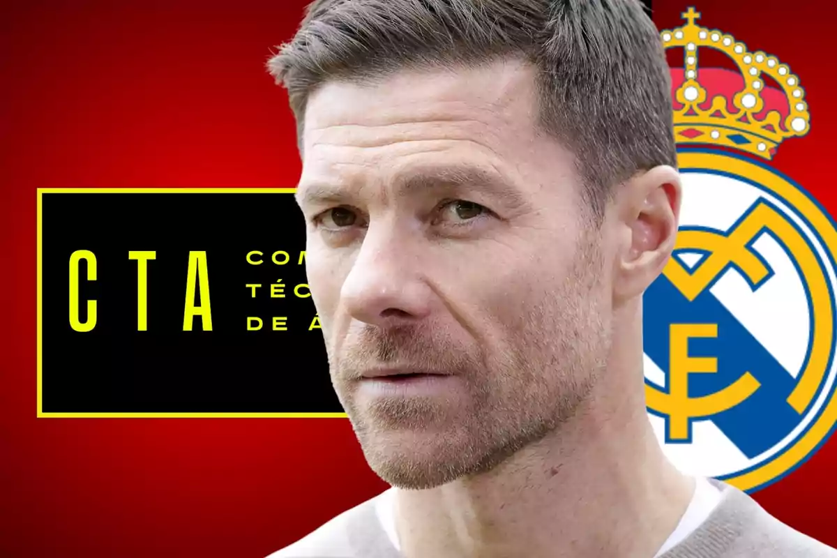 Home de cabell curt amb expressió seriosa en primer pla, al fons un logotip del Reial Madrid i un requadre negre amb lletres grogues sobre fons vermell.