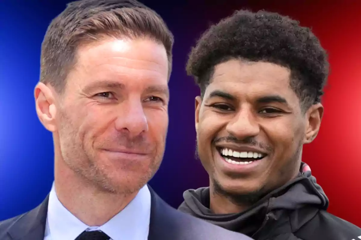 Two smiling men in the foreground with a background fading from blue to red
