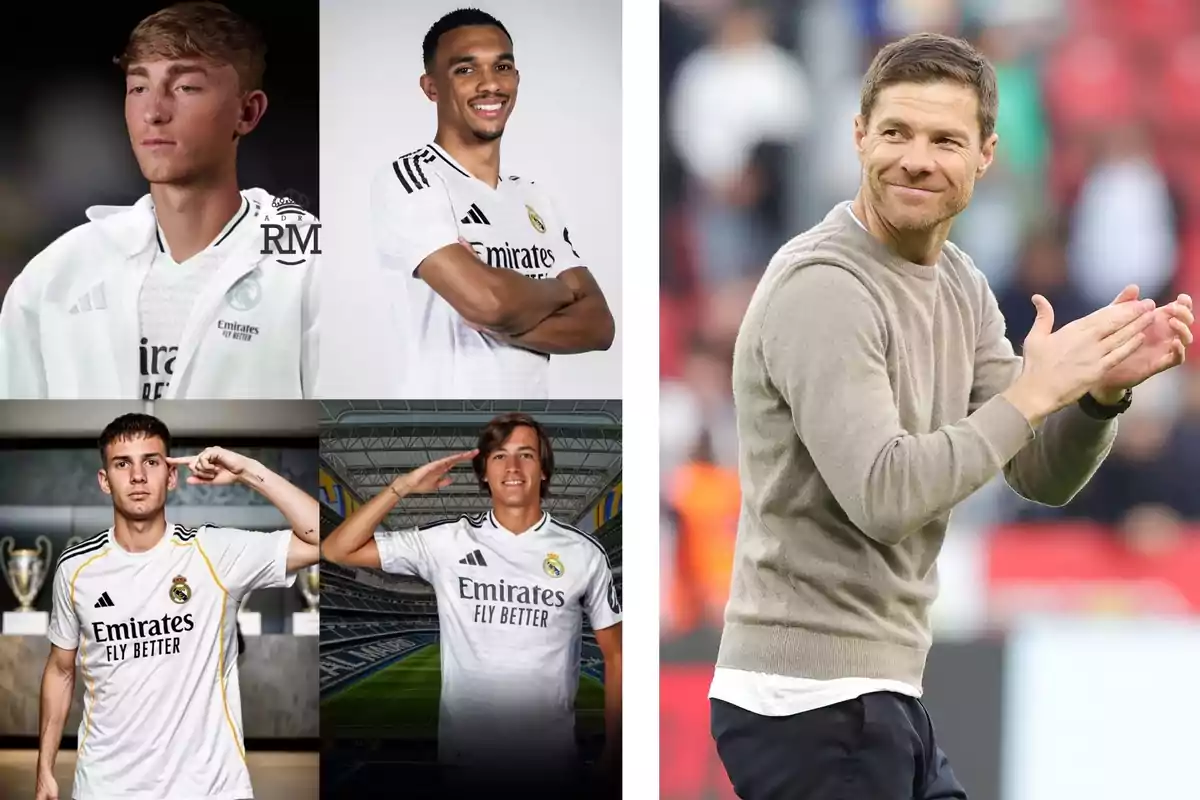 Four young Real Madrid players pose with the team jersey, and to the right, a man smiles and applauds in a stadium. Four young Real Madrid players pose with the team jersey, and to the right, a man smiles and applauds in a stadium.
