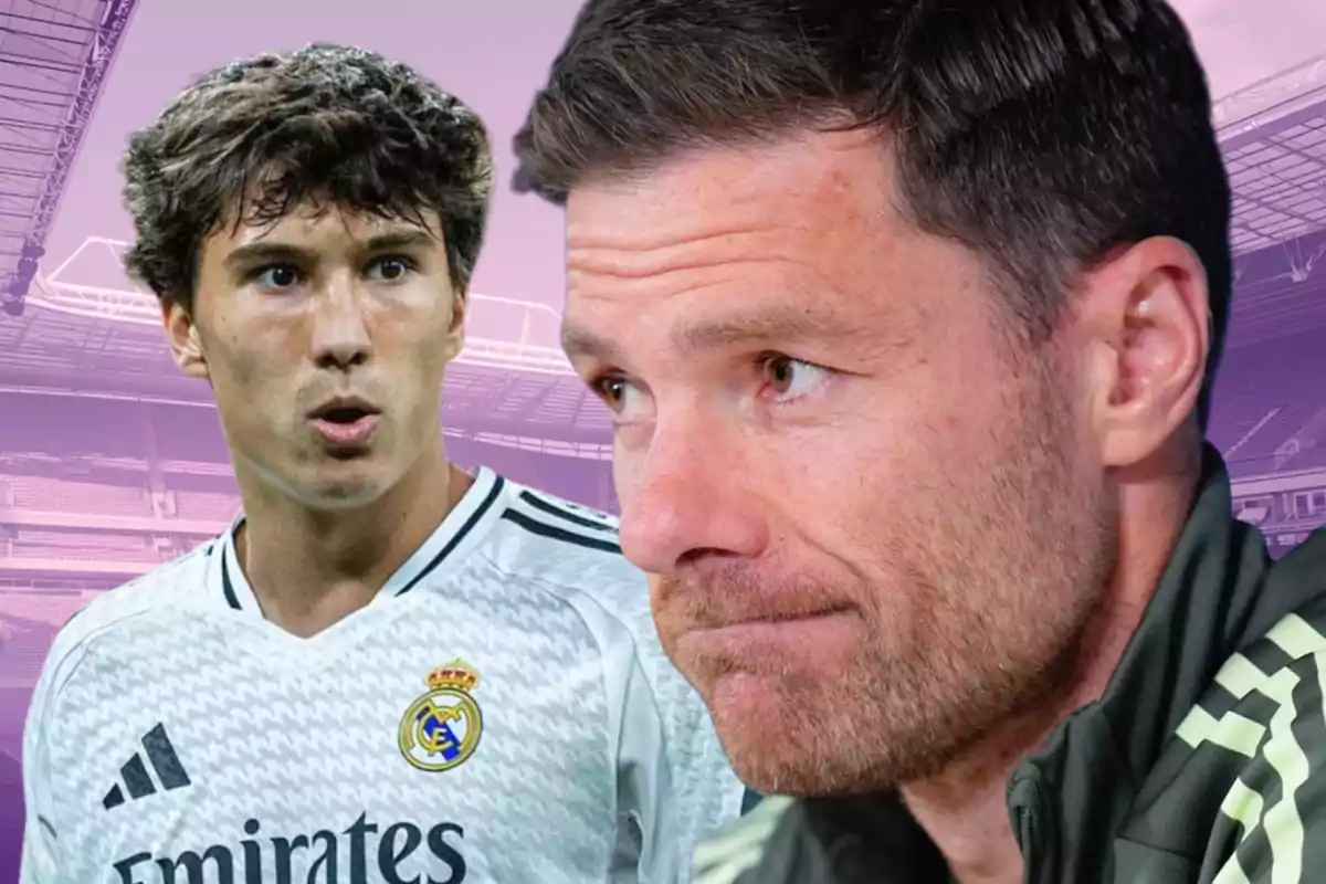 Dos homes relacionats amb el futbol apareixen en primer pla, un amb uniforme del Reial Madrid i l’altre amb jaqueta esportiva, sobre un fons d’estadi amb tons morats.