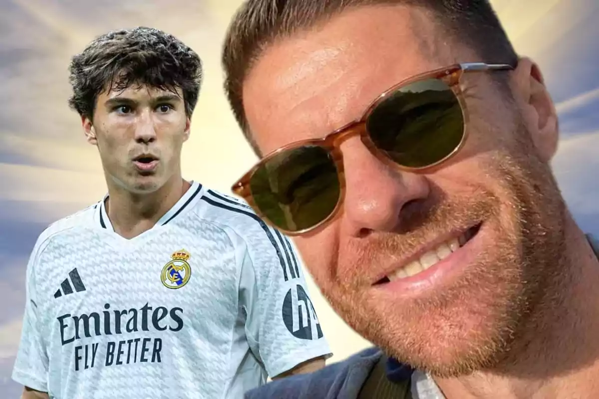 Un futbolista amb la samarreta del Reial Madrid i un home amb ulleres de sol somrient al fons amb un cel clar