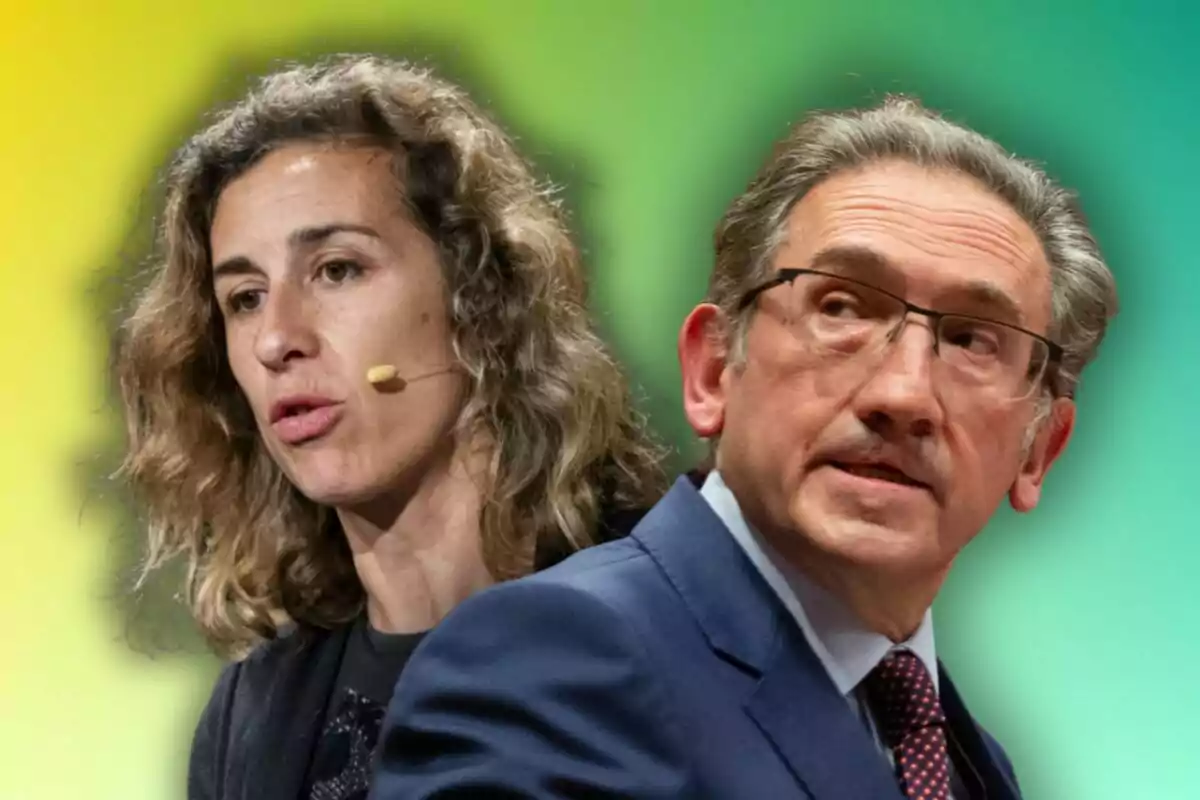 Dues persones en primer pla amb un fons degradat en tons verds i grocs, una dona amb micròfon de diadema i un home amb ulleres i vestit.