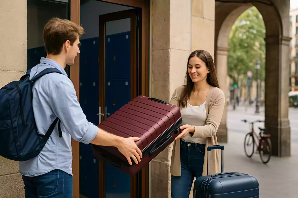 Dues persones joves es lliuren una maleta davant d’un edifici amb casellers i una bicicleta al fons al carrer