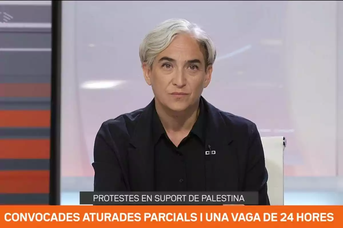 Persona de cabello canoso y corto con expresión seria en un estudio de televisión, con un cintillo informativo sobre protestas en apoyo a Palestina y una convocatoria de huelga de 24 horas.