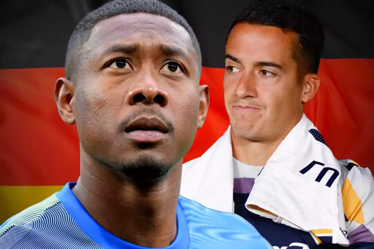 Dos futbolistas con expresiones serias frente a una bandera de Alemania desenfocada.