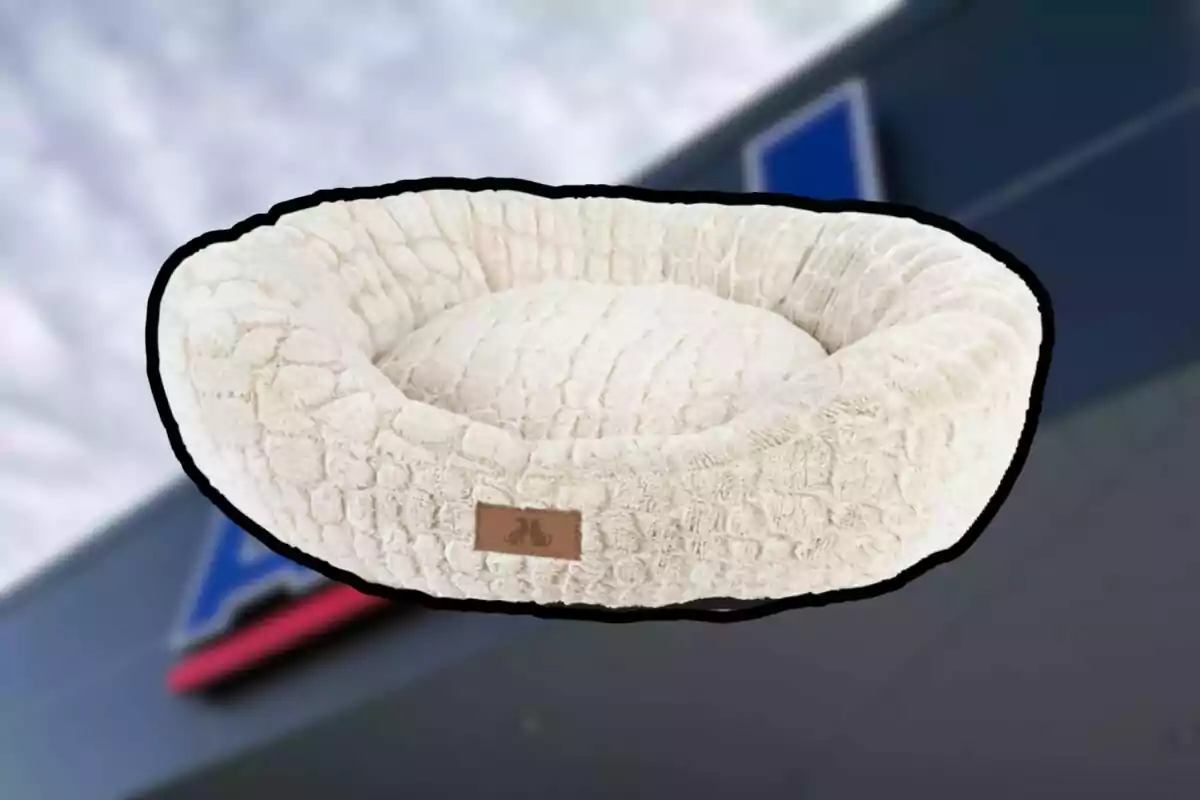 Cama acolchonada color beige para mascotas sobre un fondo desenfocado