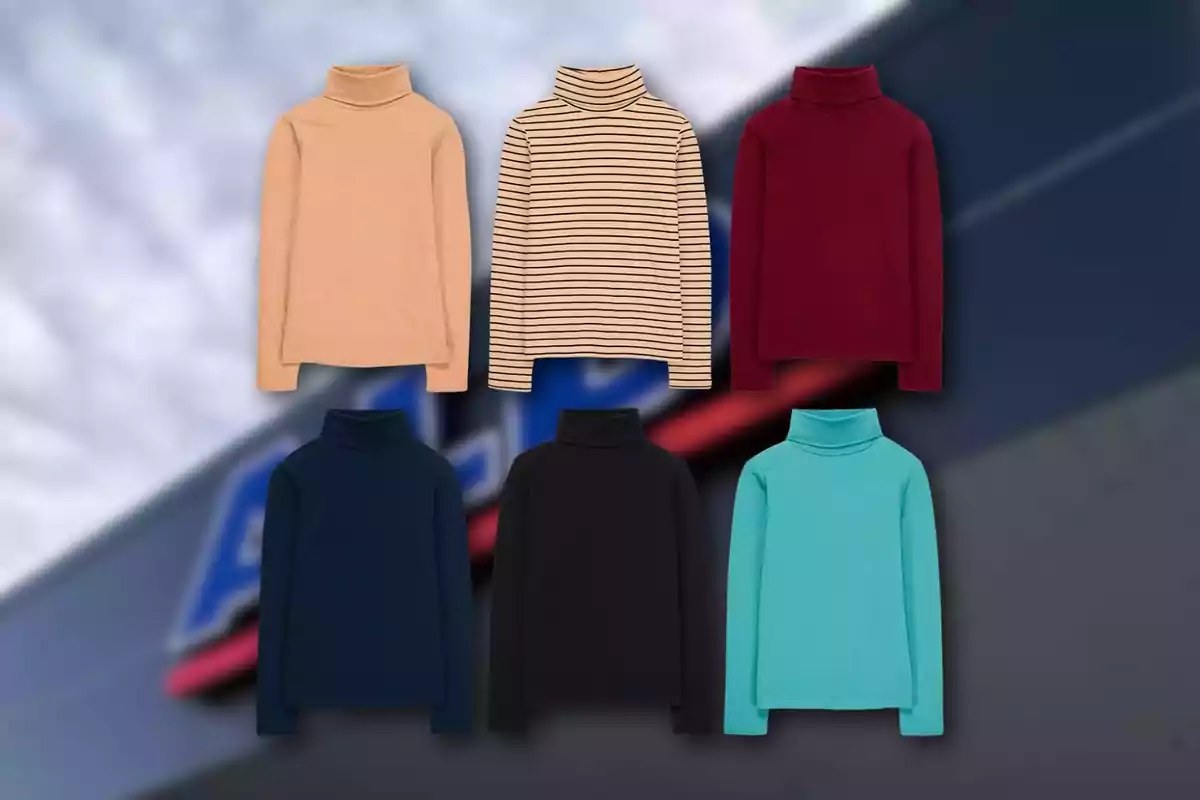 Seis suéteres de cuello alto en diferentes colores y estampados sobre un fondo desenfocado