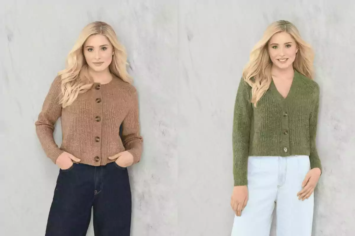 Mujer rubia con suéter marrón y pantalón oscuro a la izquierda y la misma mujer con suéter verde y pantalón claro a la derecha, ambas posando frente a un fondo gris claro Mujer rubia con suéter marrón y pantalón oscuro a la izquierda y la misma mujer con suéter verde y pantalón claro a la derecha, ambas posando frente a un fondo gris claro
