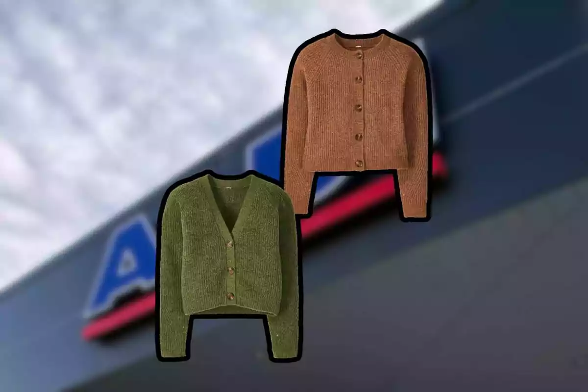 Dos suéteres de punto, uno verde y otro marrón, con botones al frente, sobre un fondo desenfocado de una tienda. Dos suéteres de punto, uno verde y otro marrón, con botones al frente, sobre un fondo desenfocado de una tienda.
