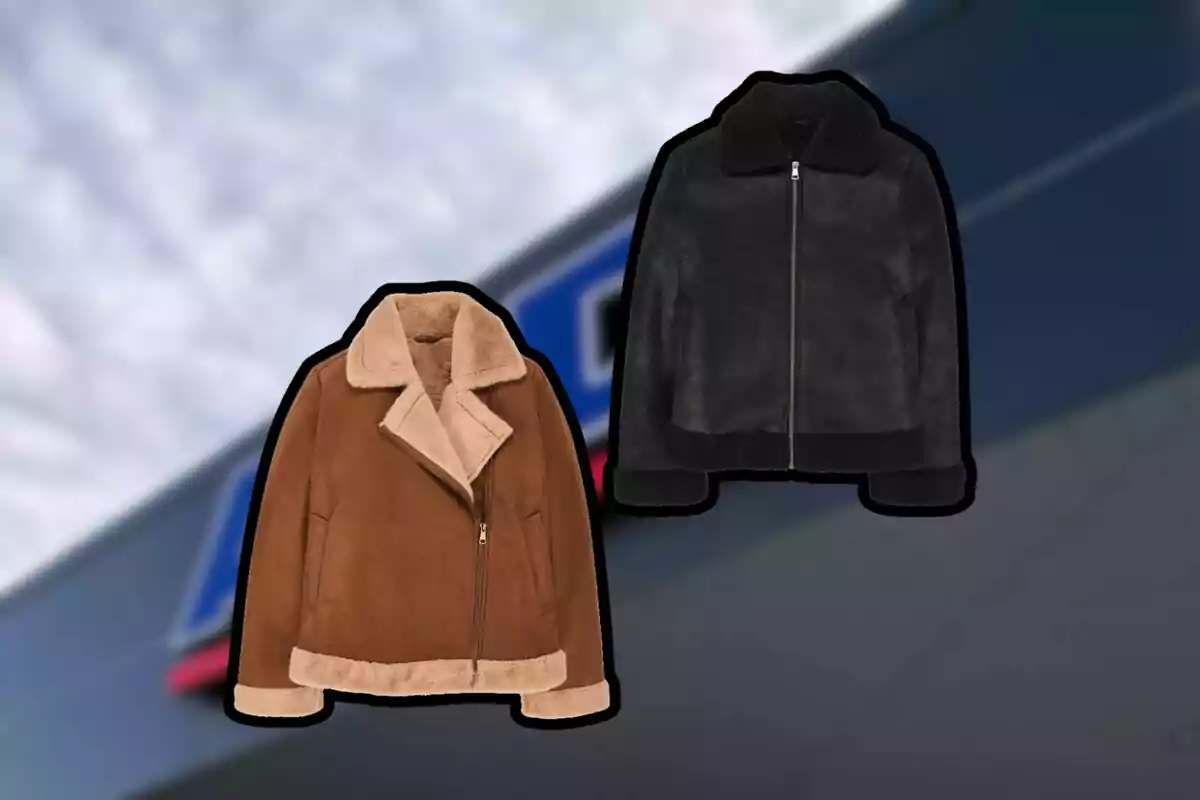 Dos chamarras tipo aviador, una en color marrón claro con forro beige y otra en color negro, ambas con fondo desenfocado. Dos chamarras tipo aviador, una en color marrón claro con forro beige y otra en color negro, ambas con fondo desenfocado.