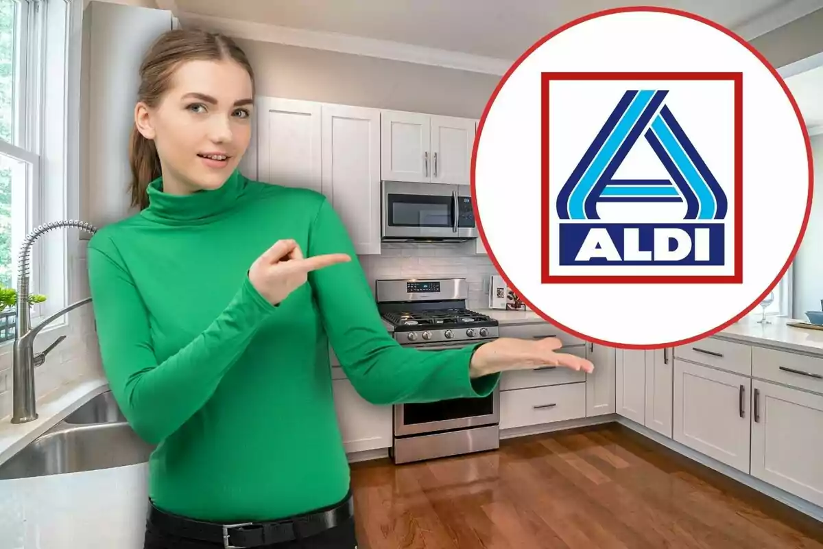 Mujer con suéter verde señalando el logotipo de ALDI en una cocina moderna