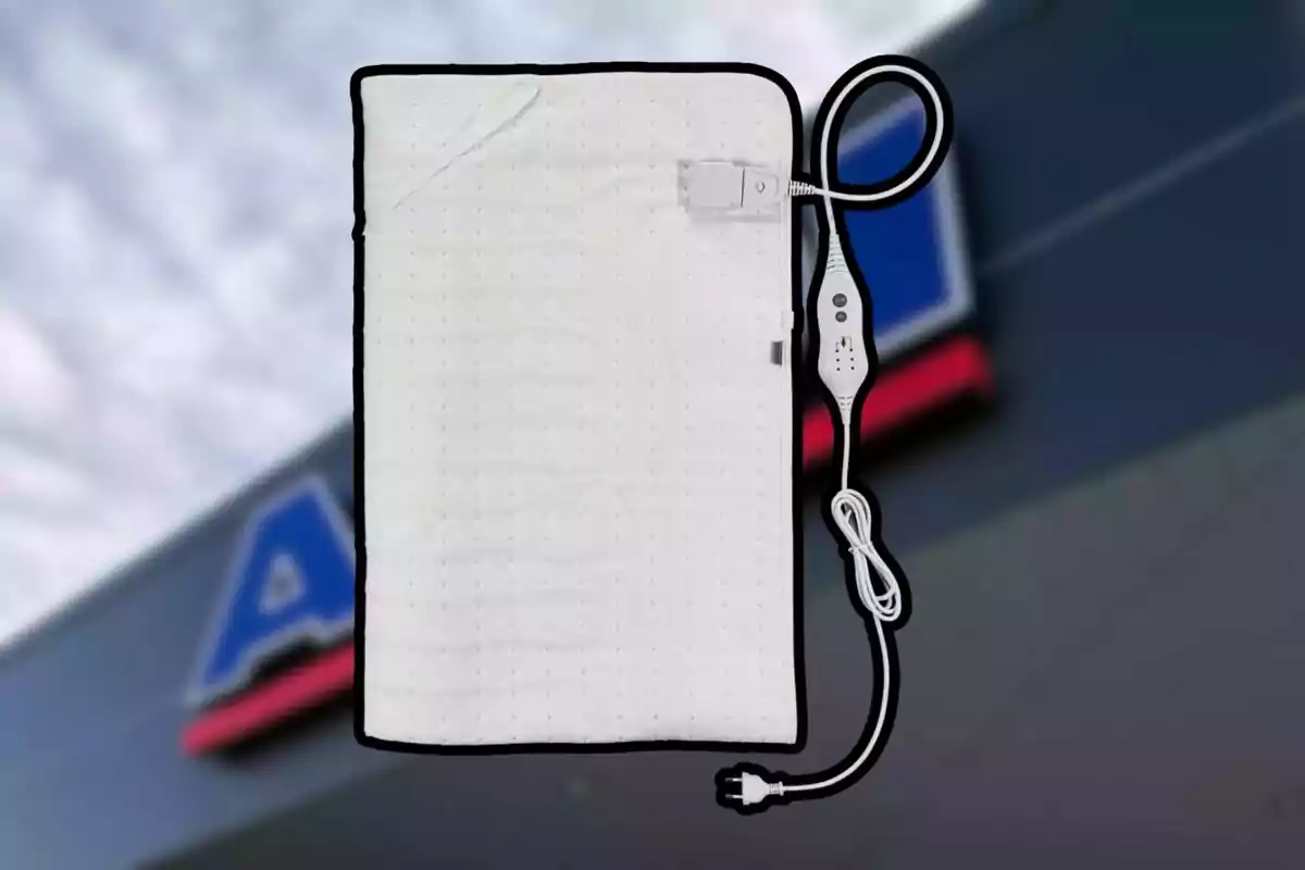 Manta eléctrica blanca con control de temperatura y cable de alimentación sobre un fondo desenfocado