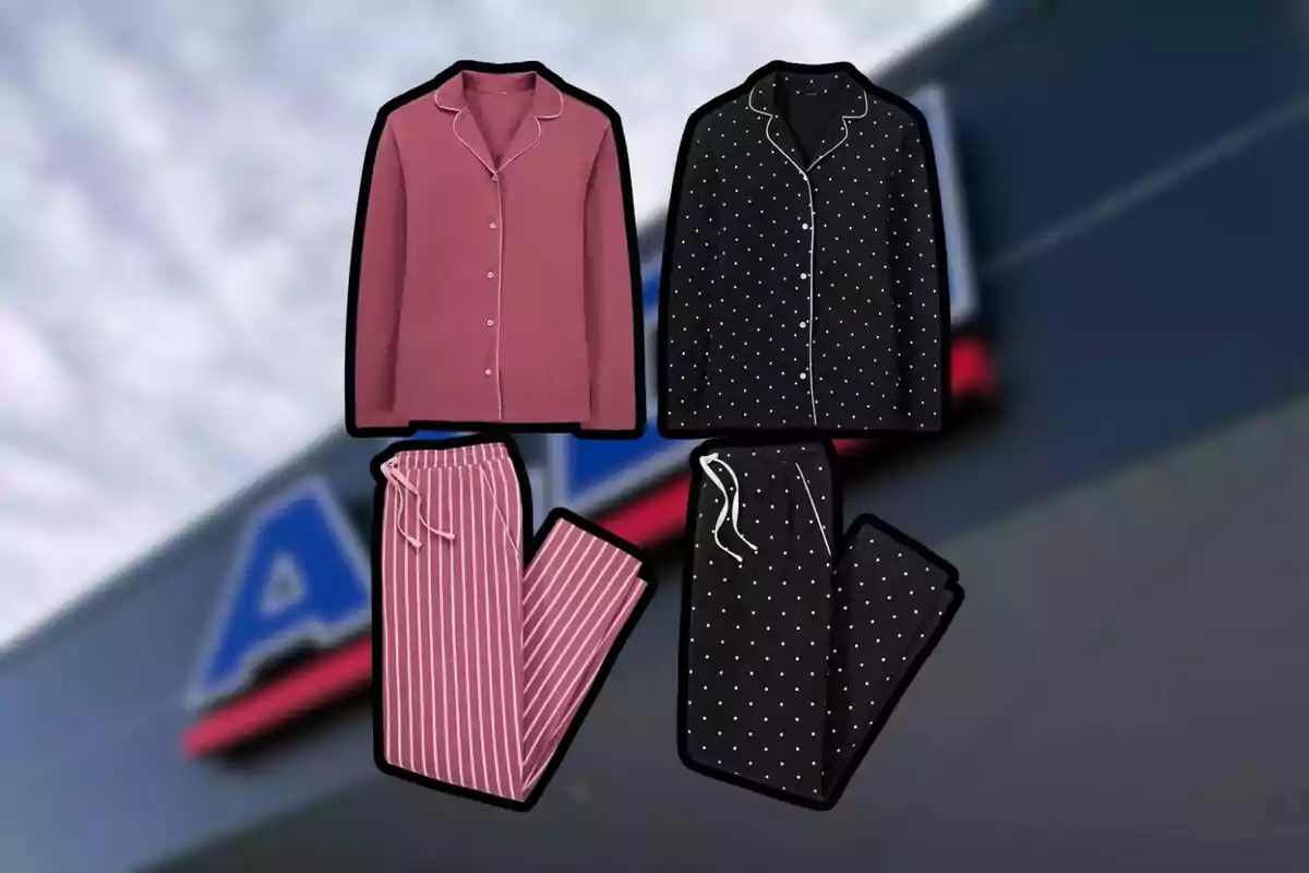 Dos conjunts de pijama, un de rosa amb ratlles blanques i un altre de negre amb punts blancs, sobre un fons desenfocat d’una botiga. Dos conjunts de pijama, un de rosa amb ratlles blanques i un altre de negre amb punts blancs, sobre un fons desenfocat d’una botiga.