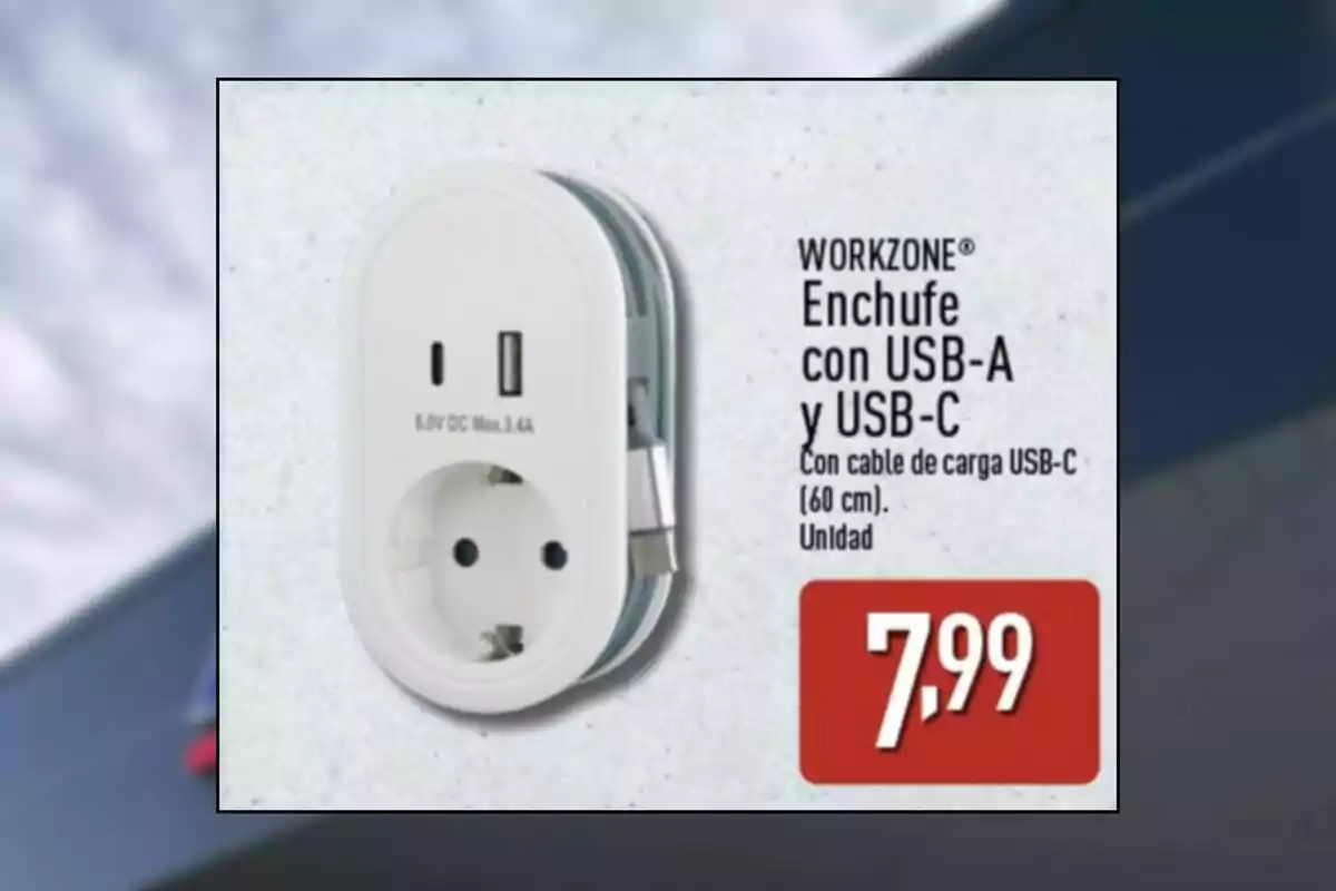 Enchufe blanco con puertos USB-A y USB-C de la marca Workzone incluye cable de carga USB-C de 60 cm y tiene un precio de 7,99 euros