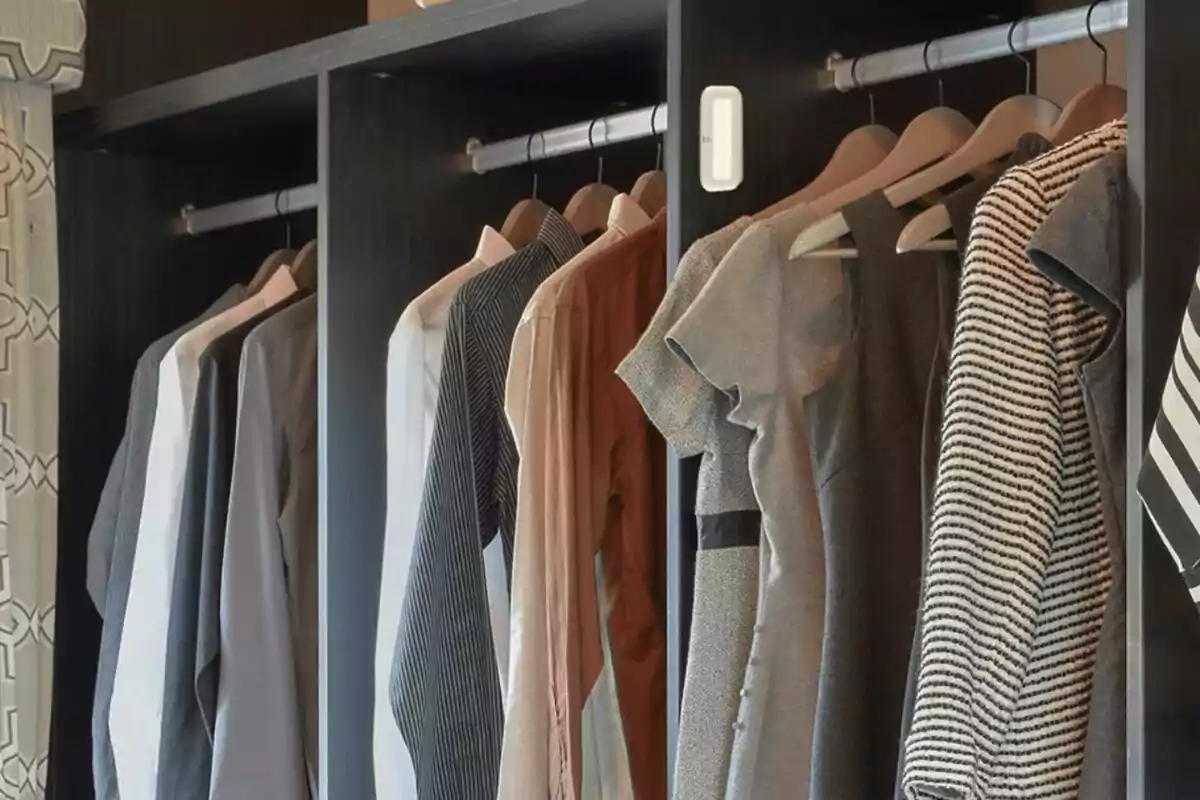Ropa colgada en perchas dentro de un armario de madera oscuro