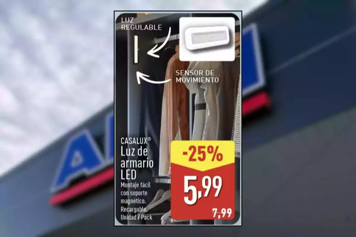 Oferta de luz de armario LED con sensor de movimiento y luz regulable marca Casalux con un 25 por ciento de descuento a 5,99 euros antes 7,99 euros, recargable y de fácil montaje con soporte magnético