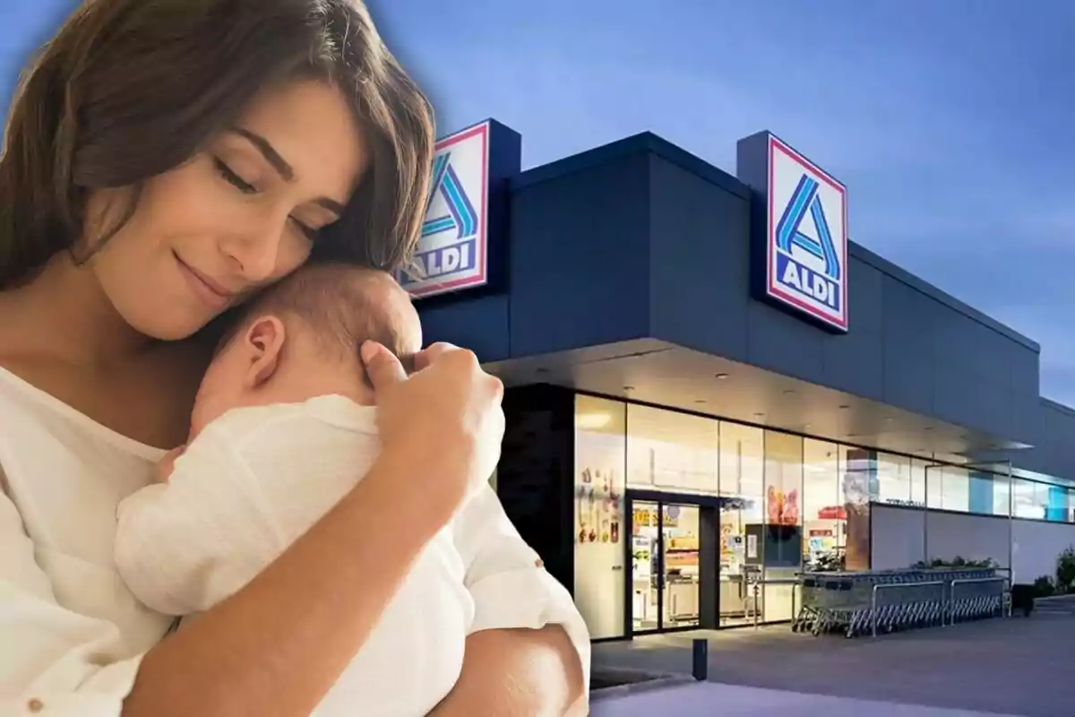 Una mujer sostiene y abraza a un bebé mientras al fondo se observa la fachada de un supermercado Aldi.