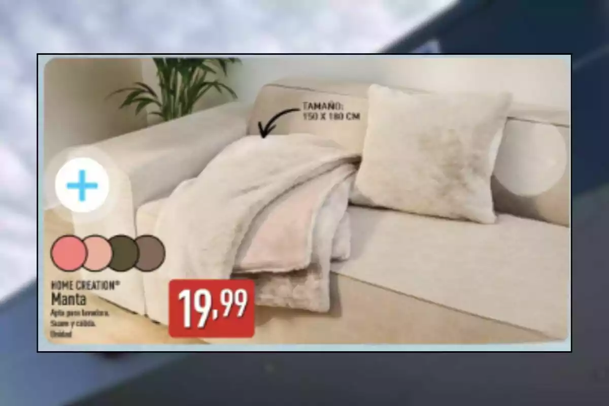 Manta suave y cálida de 150 x 180 cm en varios colores sobre un sofá beige con cojines y una planta decorativa al fondo, precio 19,99