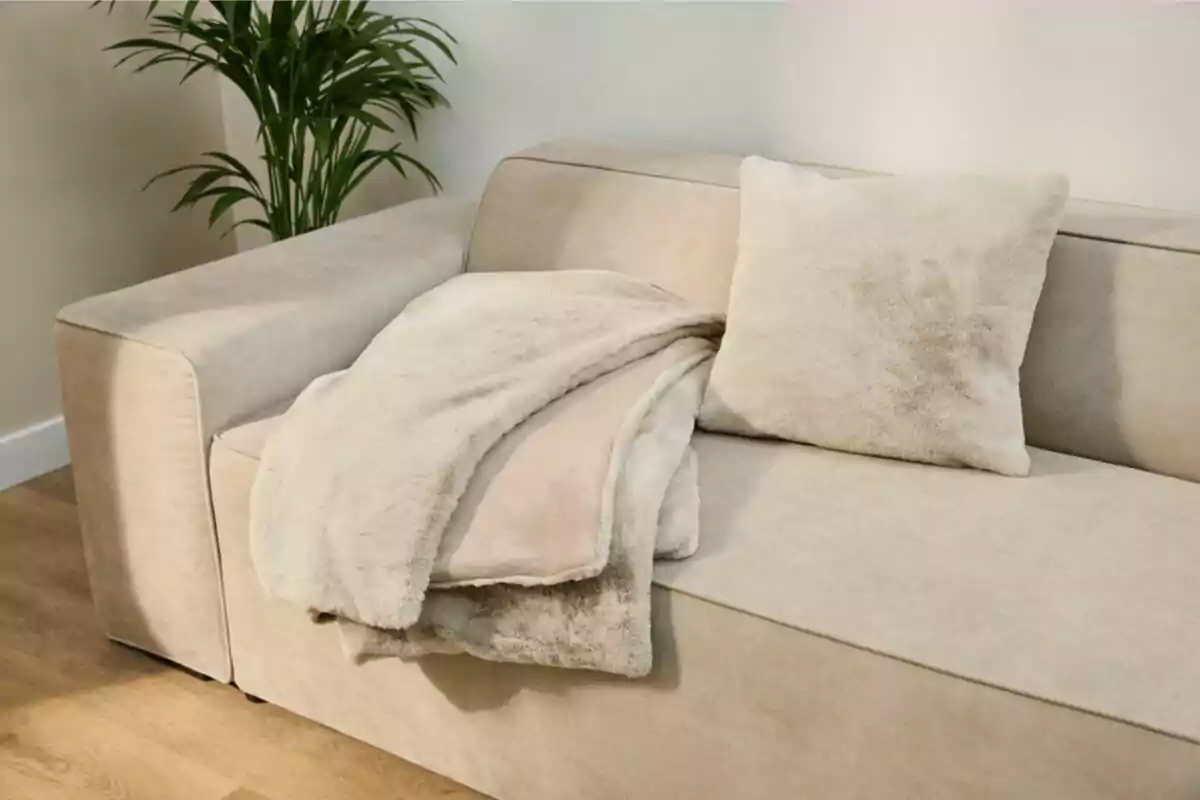 Sofá beige con manta y cojín de peluche en una sala con piso de madera y una planta decorativa al fondo