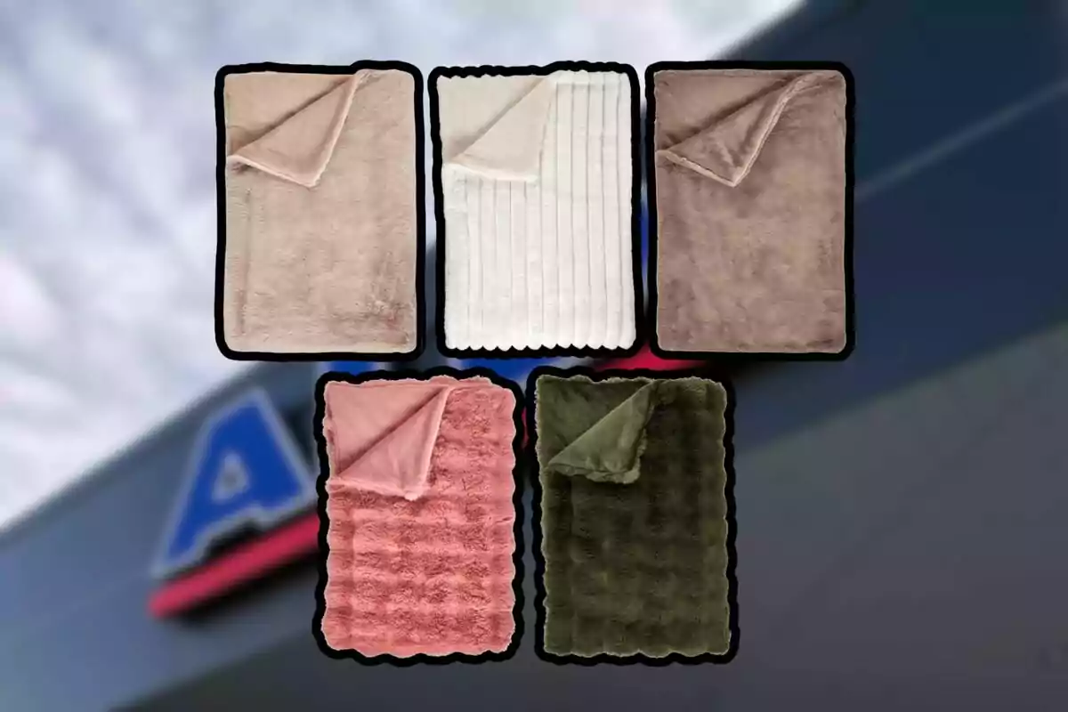 Cinco cobijas de diferentes colores y texturas están acomodadas en dos filas sobre un fondo desenfocado.