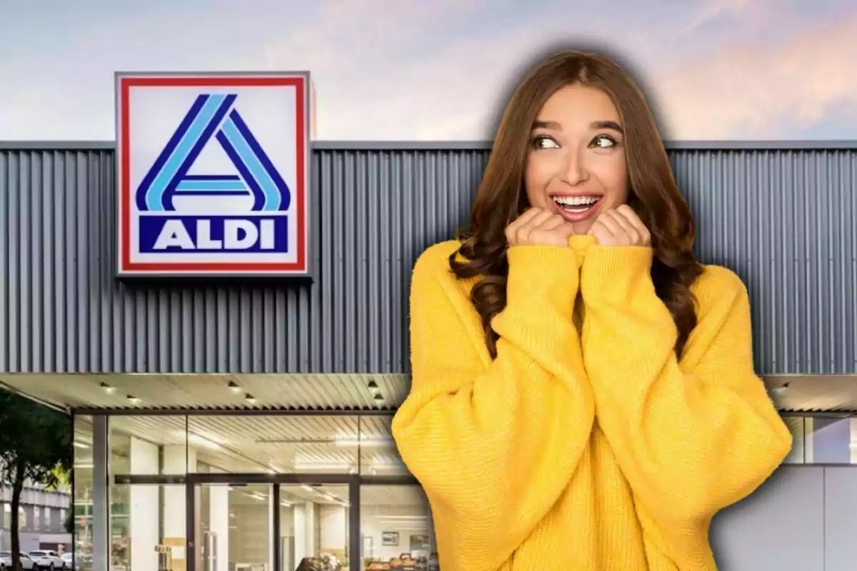 Mujer sonriente con suéter amarillo frente a una tienda Aldi
