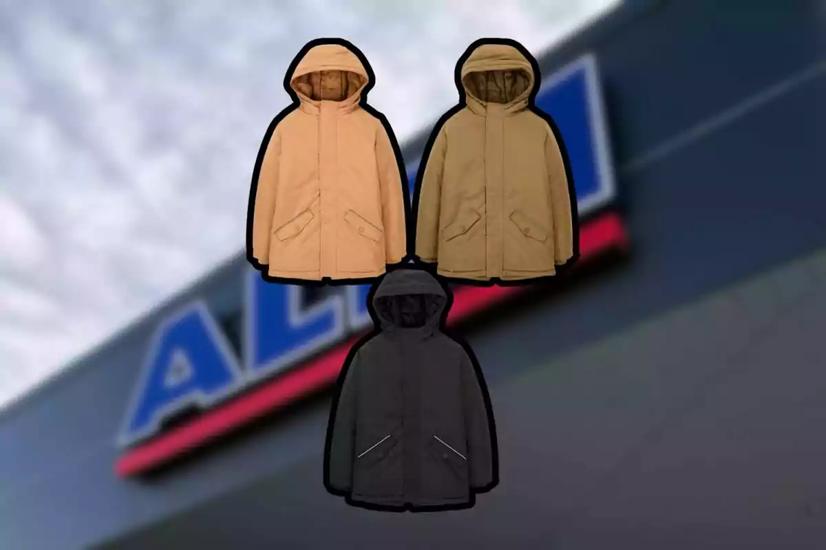 Tres chamarras con capucha en colores beige, marrón y negro sobre un fondo desenfocado de una tienda