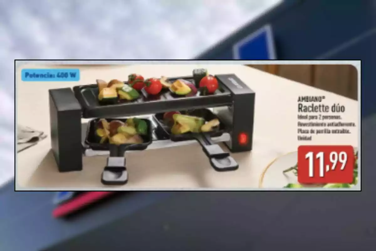 Raclette eléctrica dúo de la marca Ambiano con verduras asadas y precio de 11,99 euros Raclette eléctrica dúo de la marca Ambiano con verduras asadas y precio de 11,99 euros