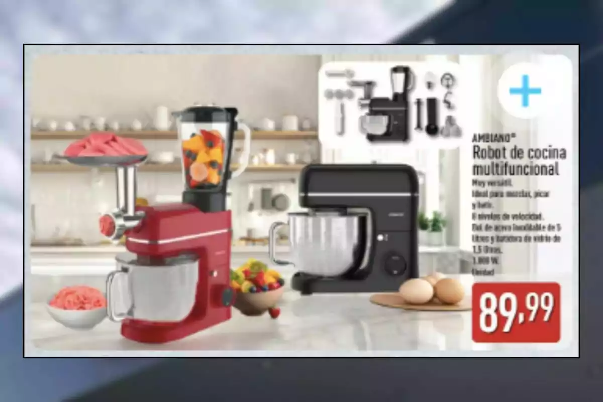 Dos robots de cuina multifuncionals, un de vermell i un de negre, exposats en una cuina moderna al costat d’ingredients frescos i un preu destacat de 89,99 euros