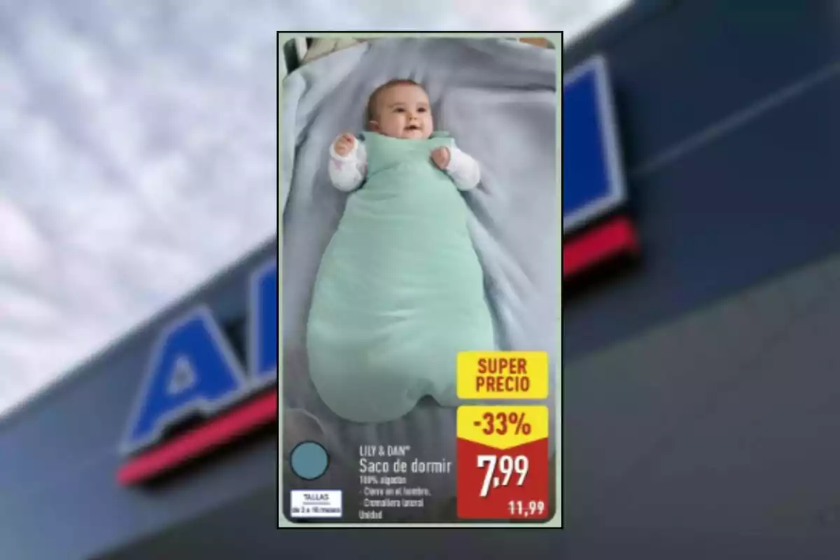 Bebé acostado usando un saco de dormir verde claro en una promoción de supermercado con descuento del 33 por ciento y precio de 7,99 euros Bebé acostado usando un saco de dormir verde claro en una promoción de supermercado con descuento del 33 por ciento y precio de 7,99 euros