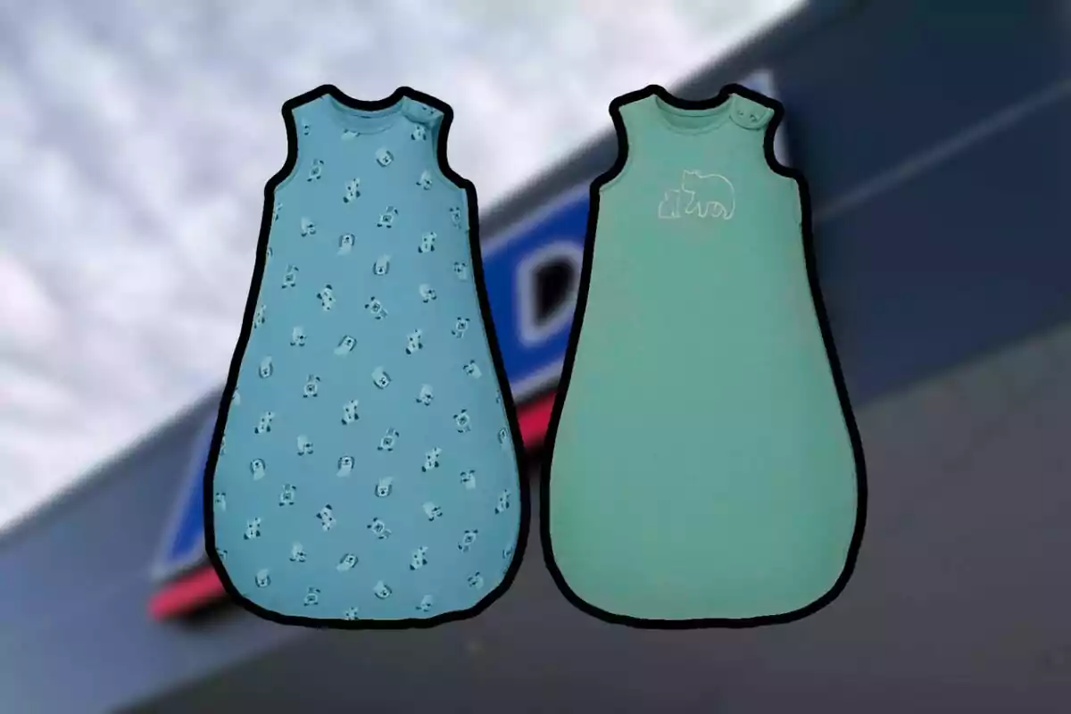 Dos sacos de dormir para bebé en tonos azul y verde con diseños de osos sobre un fondo desenfocado Dos sacos de dormir para bebé en tonos azul y verde con diseños de osos sobre un fondo desenfocado