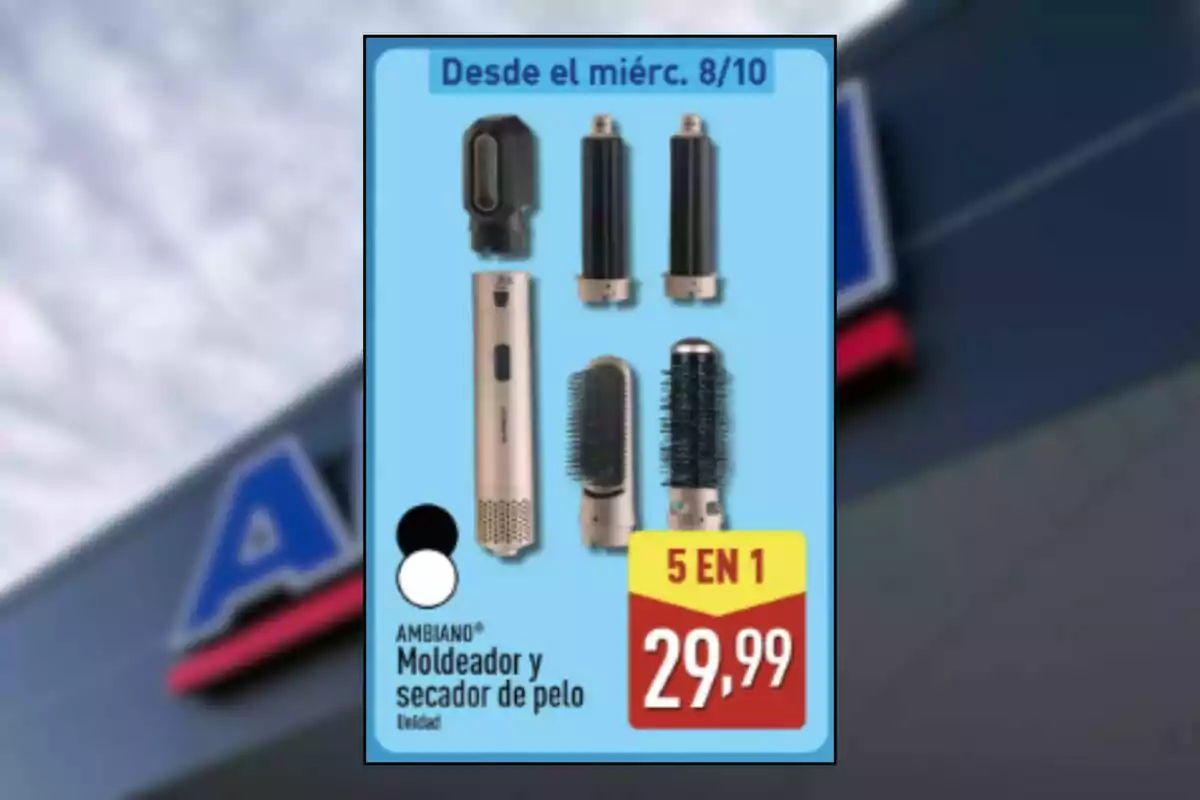Publicidad de un moldeador y secador de pelo Ambiano 5 en 1 en oferta por 29,99 euros disponible desde el miércoles 8 de octubre