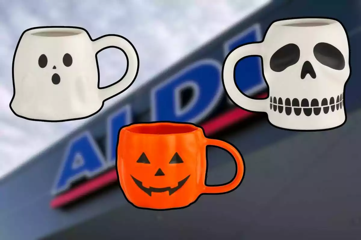Tres tazas con diseños de Halloween, una de fantasma, una de calabaza y una de calavera, sobre un fondo borroso de una tienda Aldi Tres tazas con diseños de Halloween, una de fantasma, una de calabaza y una de calavera, sobre un fondo borroso de una tienda Aldi