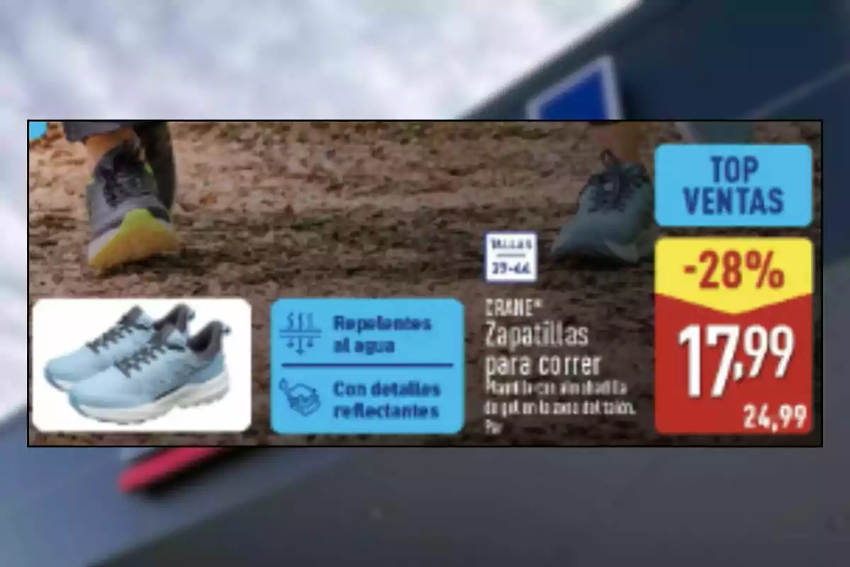Publicidad de zapatillas para correr color celeste con detalles reflectantes y repelentes al agua, oferta destacada con un precio rebajado a 17,99 euros y etiqueta de top ventas