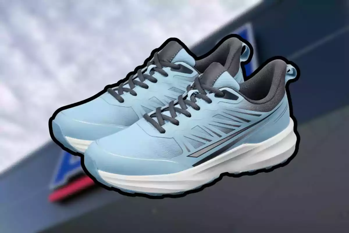 Tenis deportivos color azul claro con detalles en gris y suela blanca sobre un fondo desenfocado.