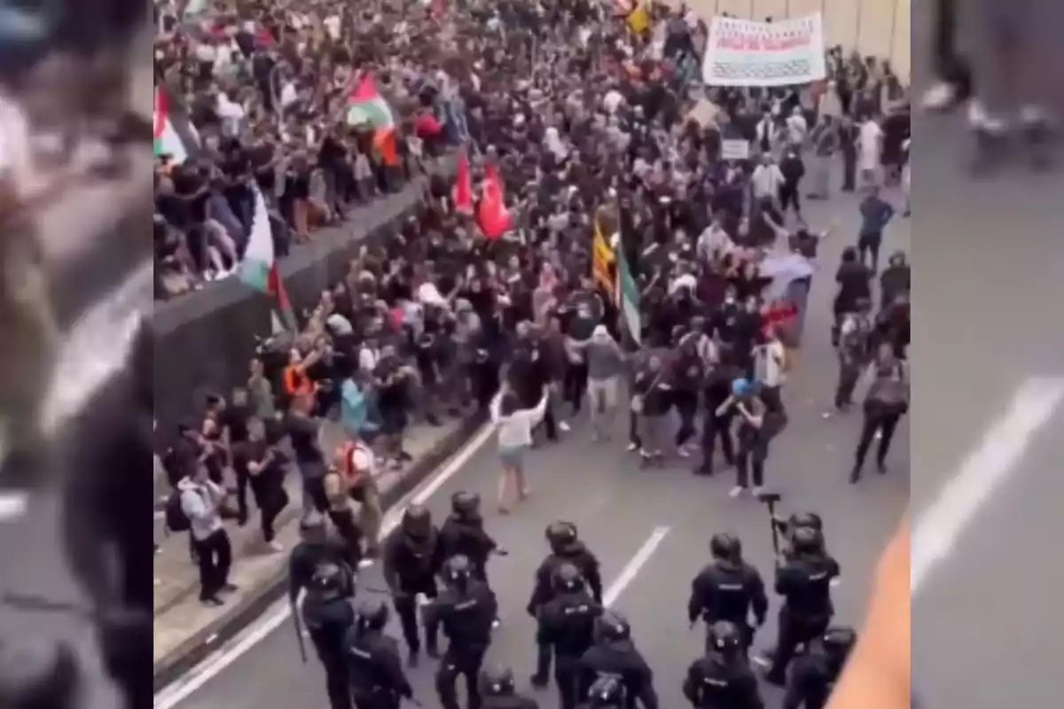 Una multitud de manifestants amb banderes i pancartes s’enfronta a una fila de policies antidisturbis en un carrer