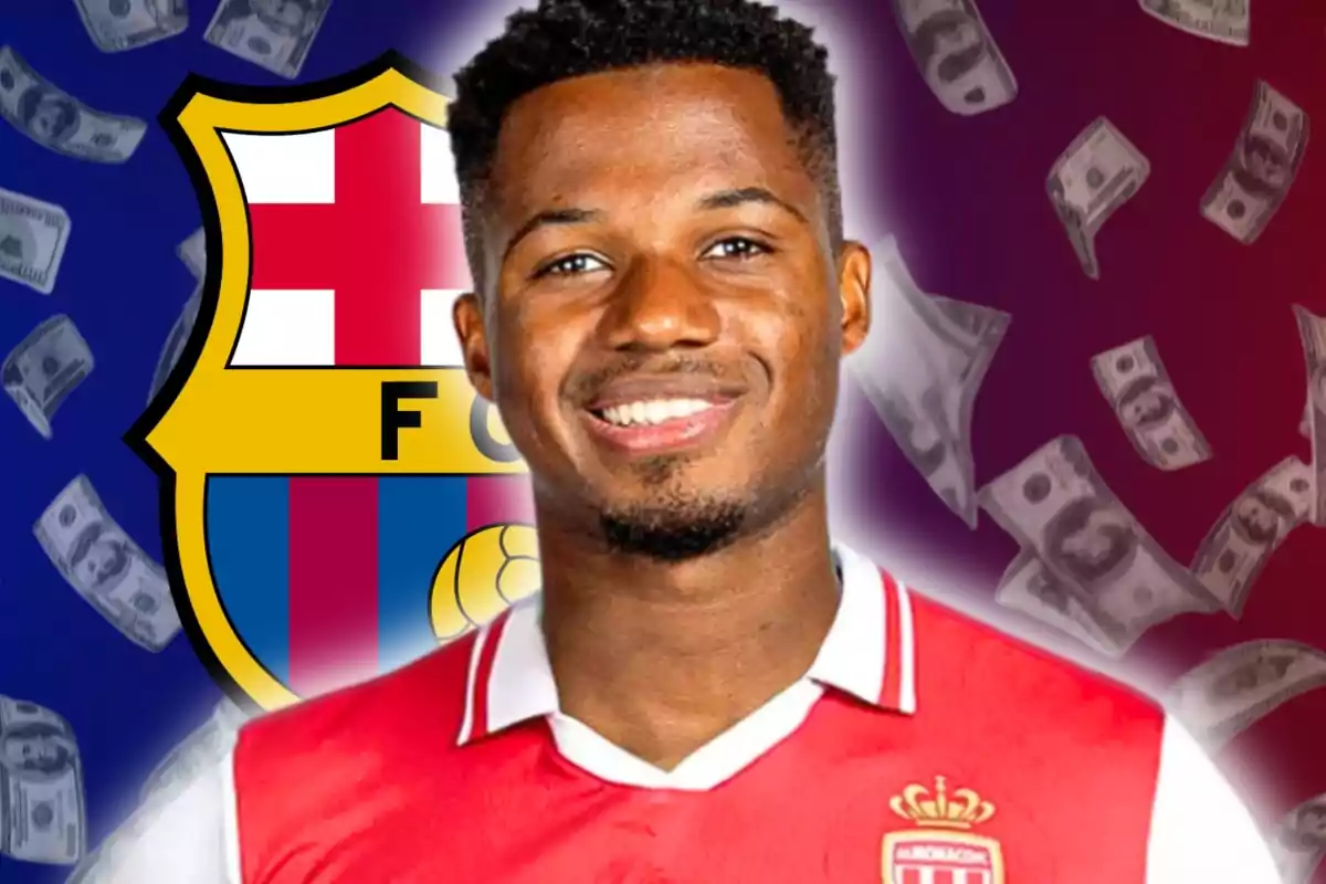 Un futbolista somrient amb l’escut del FC Barcelona de fons i bitllets flotant al seu voltant