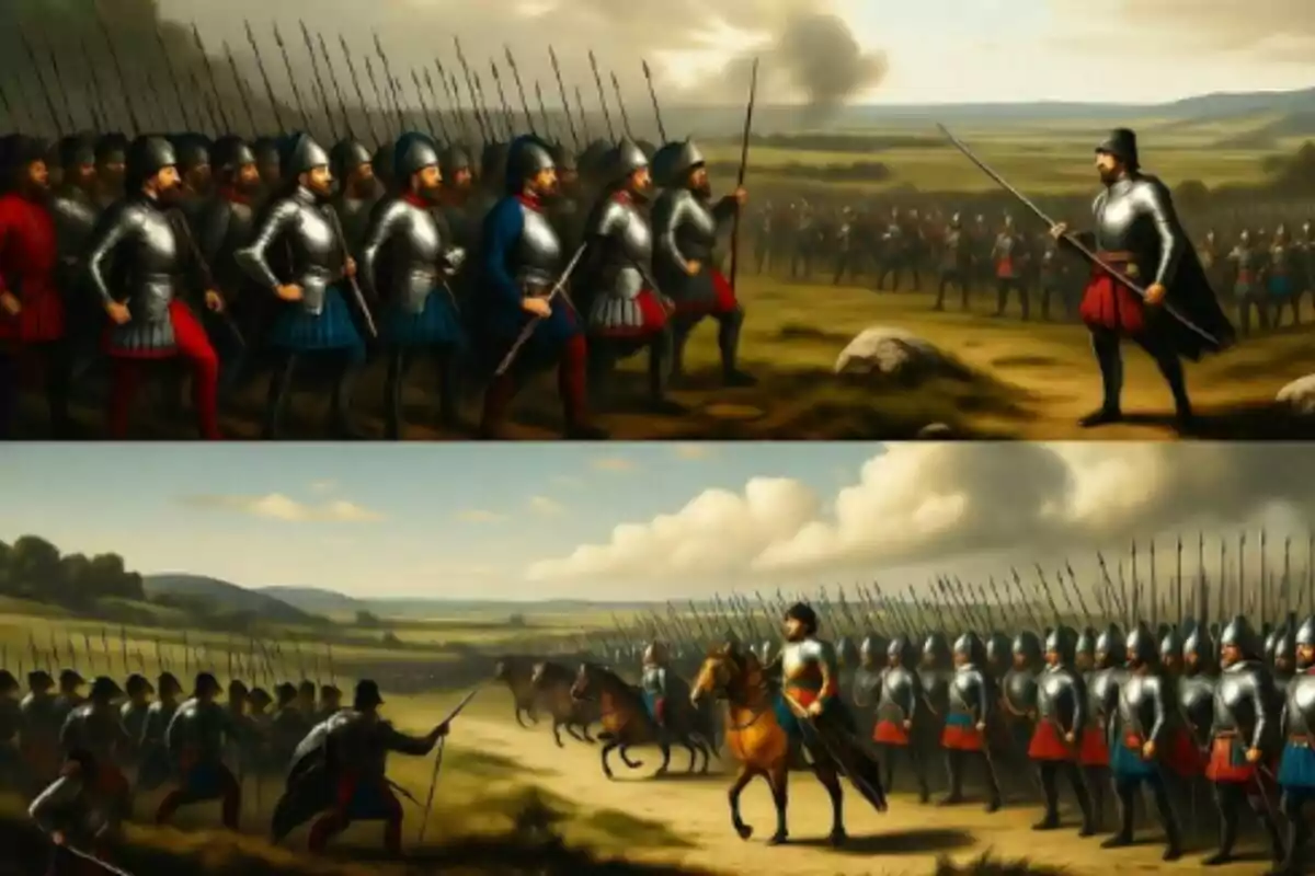 Soldats medievals amb armadures i llances desfilen en formació per un camp de batalla mentre un líder a cavall els observa.