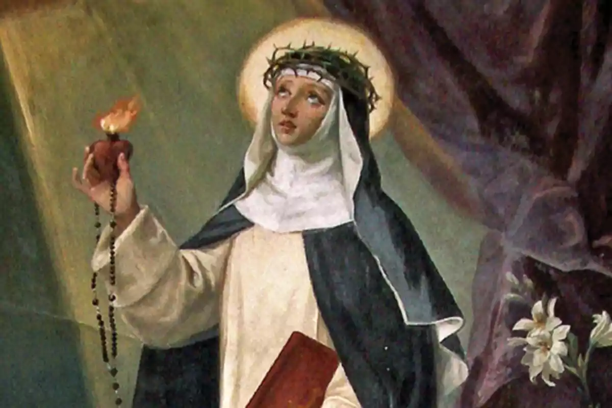 Pintura religiosa de una mujer vestida con hábito y corona de espinas sosteniendo un corazón ardiente y un rosario
