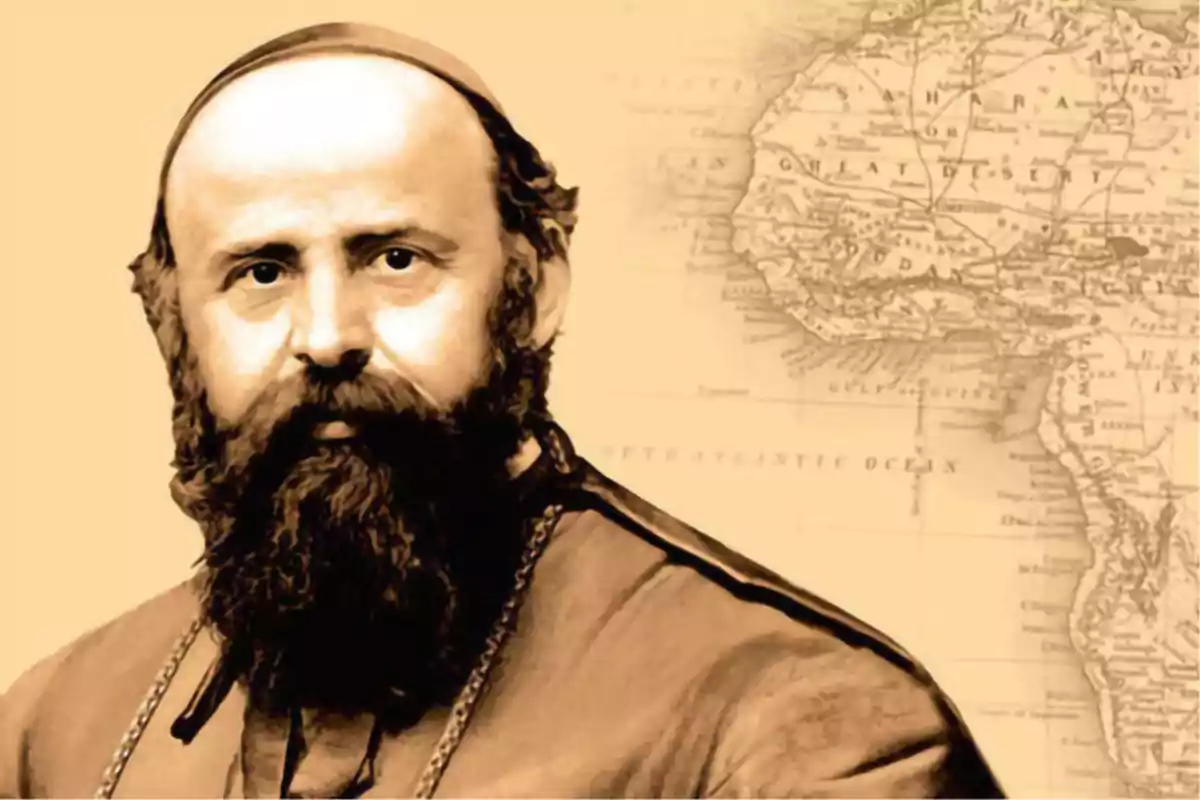 Retrato de un hombre con barba y vestimenta religiosa frente a un mapa antiguo de África