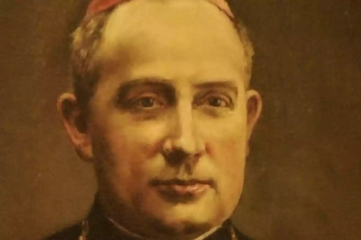 Retrato pintado de un hombre con vestimenta eclesiástica y solideo rojo sobre la cabeza