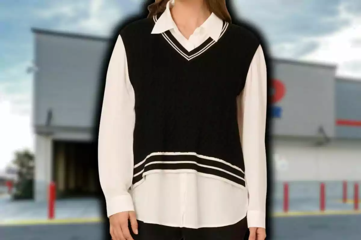 Persona vistiendo camisa blanca y chaleco negro con líneas blancas al frente de un edificio desenfocado, la cual es de Costco de Estados Unidos.