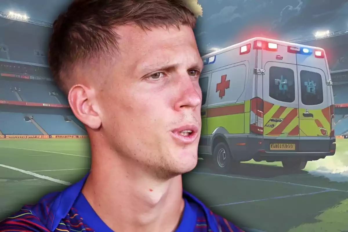 Un futbolista con expresión seria aparece en primer plano mientras al fondo se observa una ambulancia en un estadio de fútbol.