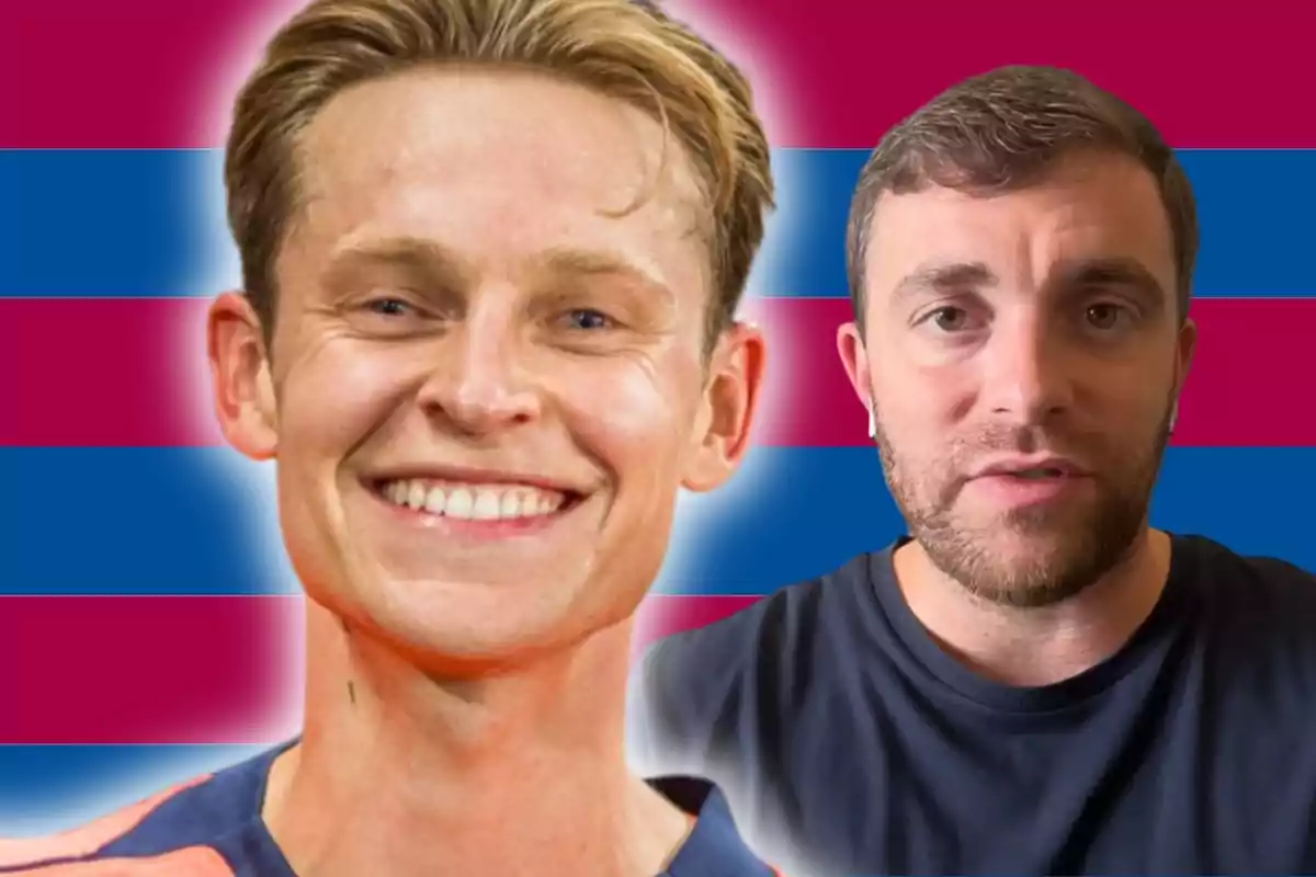 Dos hombres en primer plano con fondo de franjas azul y granate