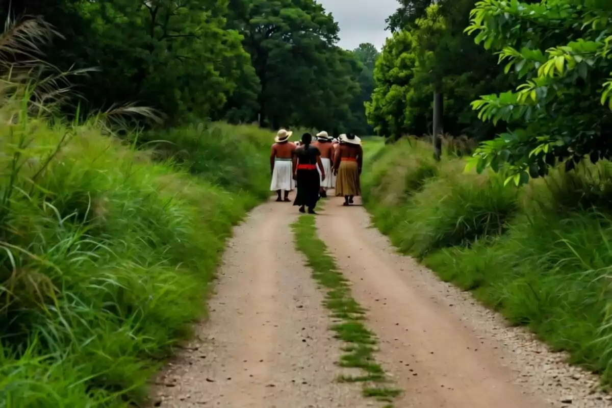 Grup de dones amb faldilles llargues i barrets caminant per un camí de terra envoltat de vegetació verda. Grup de dones amb faldilles llargues i barrets caminant per un camí de terra envoltat de vegetació verda.