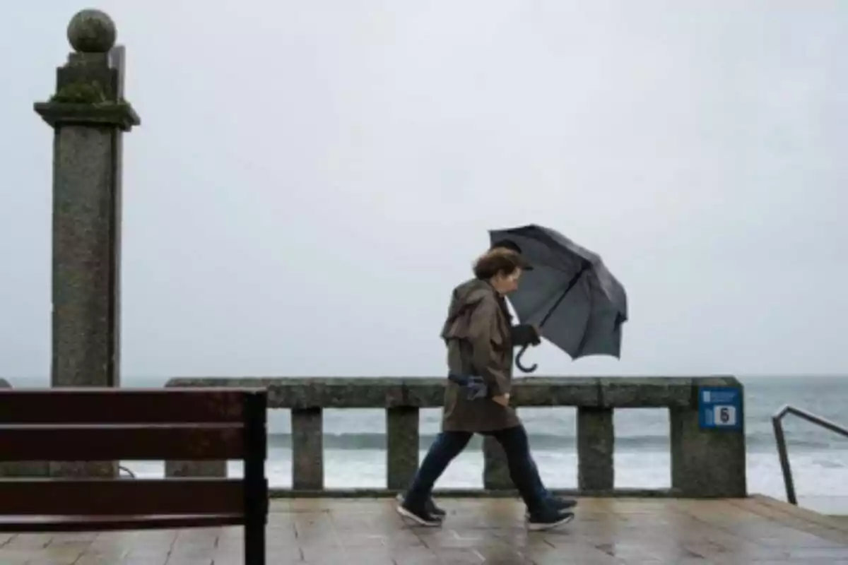 Dona caminant vora el mar en un dia plujós amb un paraigua negre.