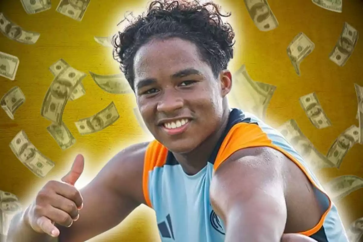 Jove esportista somrient amb el polze aixecat i bitllets flotant al fons