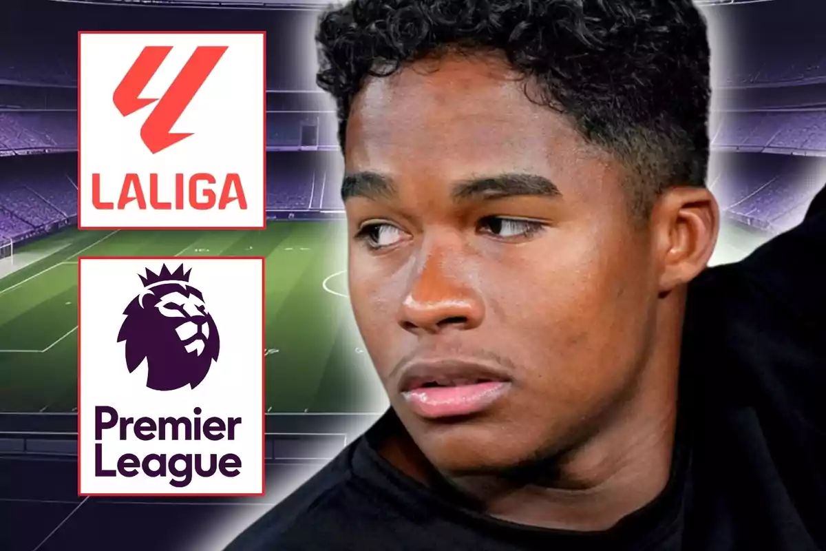 Un joven futbolista aparece en primer plano con los logotipos de LaLiga y la Premier League sobre un estadio de fútbol de fondo