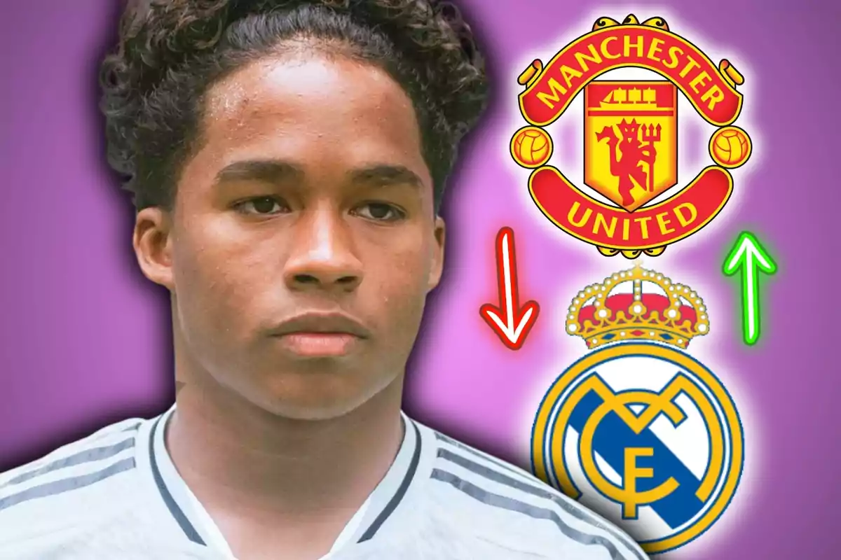 Jove futbolista amb samarreta blanca i fons morat, al costat dels escuts del Manchester United i del Reial Madrid, amb una fletxa vermella cap avall i una verda cap amunt.