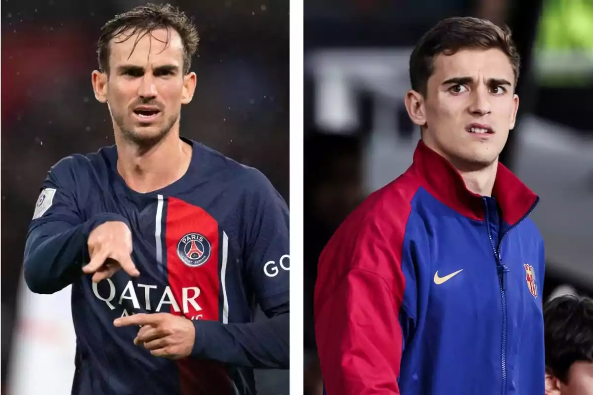 Dos futbolistes amb l’uniforme dels seus respectius equips, un del PSG al camp i un altre del Barcelona a la banqueta. Dos futbolistes amb l’uniforme dels seus respectius equips, un del PSG al camp i un altre del Barcelona a la banqueta.